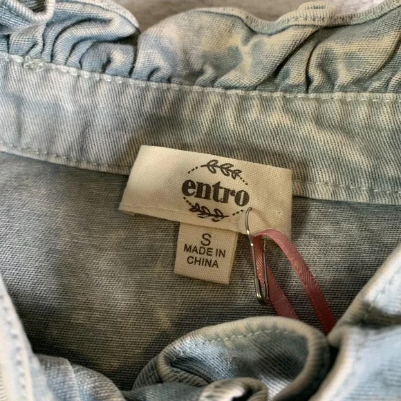 Entro Dress Womens Small Blue Denim Ruffle High Neck Button Up Shirt Dress NEW - Picture 3 of 12
